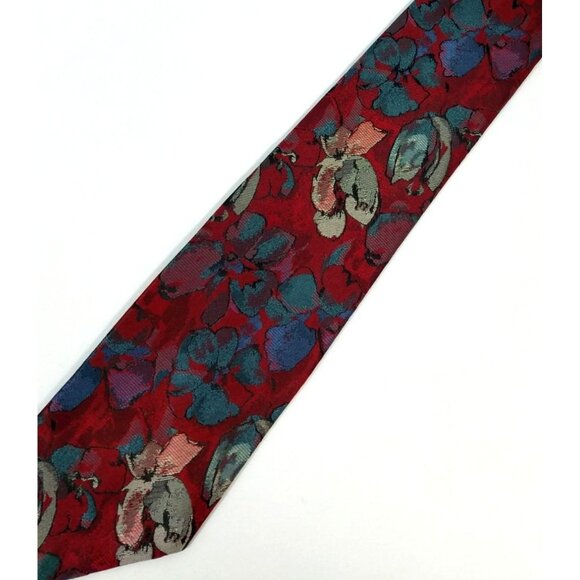 Oscar De La Renta Mens Necktie floral red background Teal Flowers tie - Picture 1 of 6